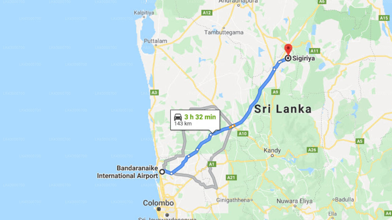 Transfer between Colombo (CMB) Airport and Hotel Sigiriya, Sigiriya