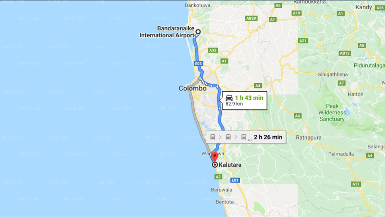Transfer between Colombo Airport (CMB) and Hibiscus Beach Hotel and Villas, Kalutara
