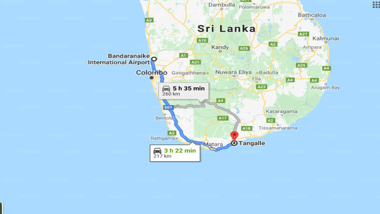 Transfer between Colombo Airport (CMB) and Golden Coconut Cabanas, Tangalle