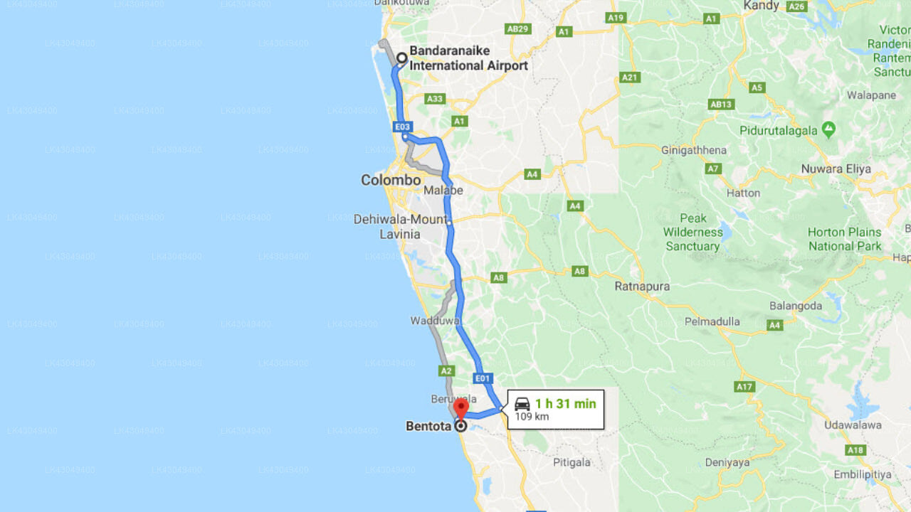 Transfer between Colombo Airport (CMB) and Bentota Waterside, Bentota