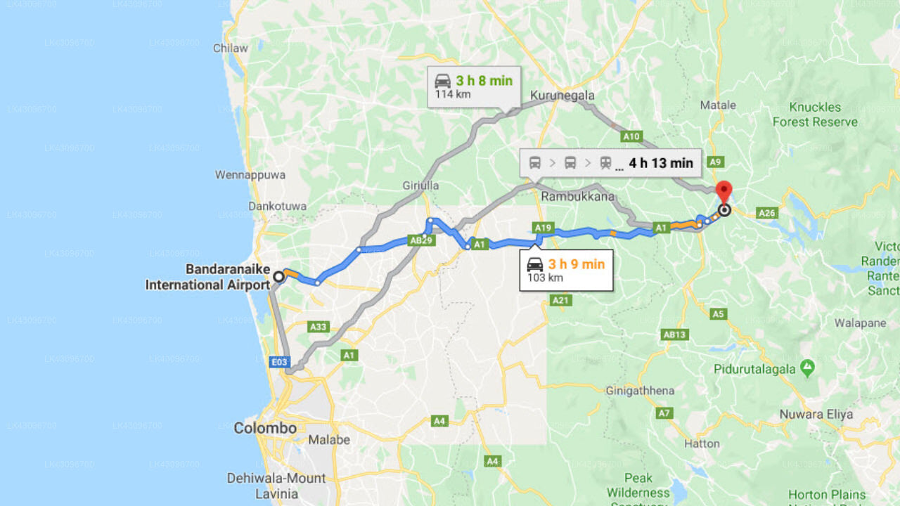 Transfer between Colombo Airport (CMB) and Subashri at Victoria Golf and Country Resort, Kandy