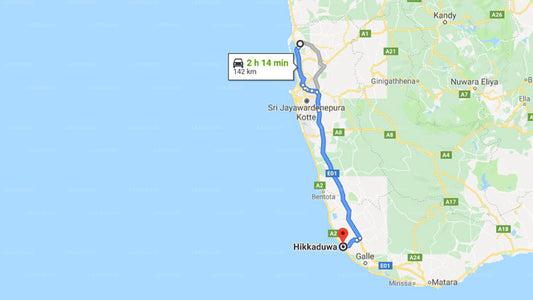 Transfer between Colombo Airport (CMB) and Neela's Guest House and Beach Restaurant, Hikkaduwa