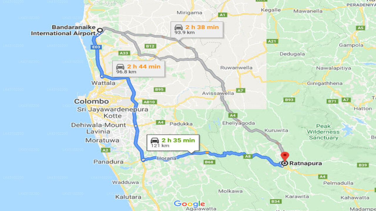 Transfer between Colombo Airport (CMB) and Mahoora - Sinharaja, Ratnapura