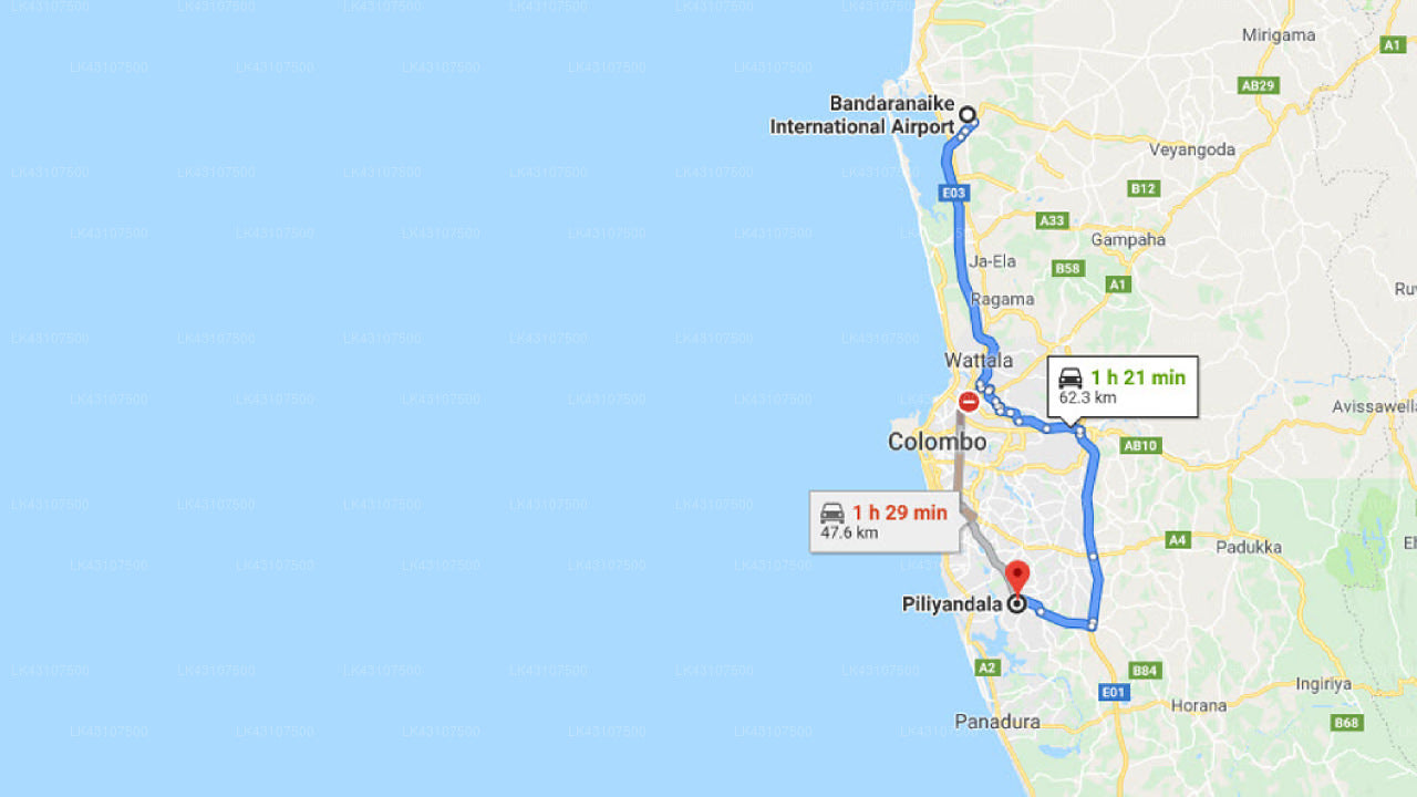 Transfer between Colombo Airport (CMB) and Asiri Holiday Resort, Piliyandala