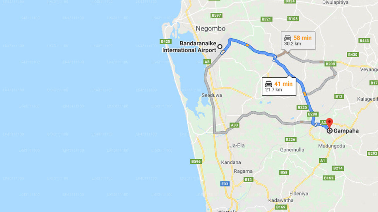 Transfer between Colombo Airport (CMB) and Hotel Sithmal, Gampaha