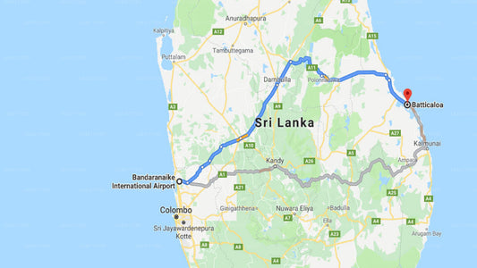 Transfer between Colombo Airport (CMB) and Subaraj Inn, Batticaloa