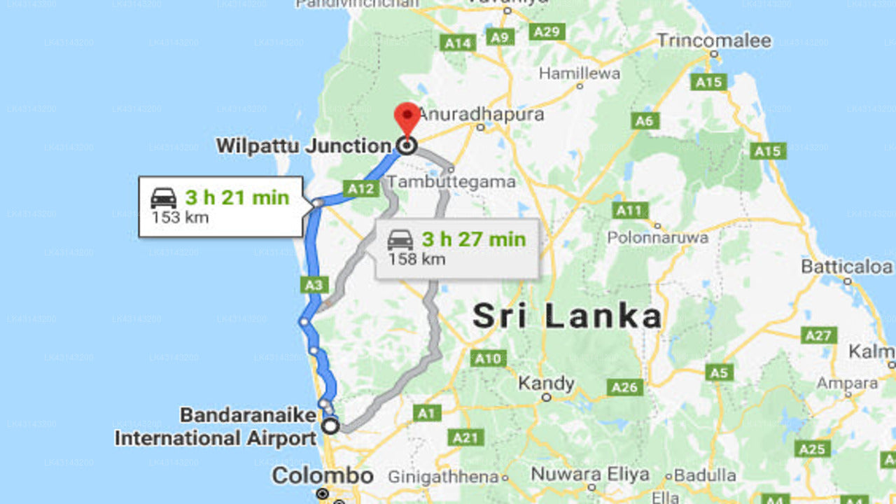 Transfer between Colombo Airport (CMB) and Wilpattu Holiday Home, Wilpattu