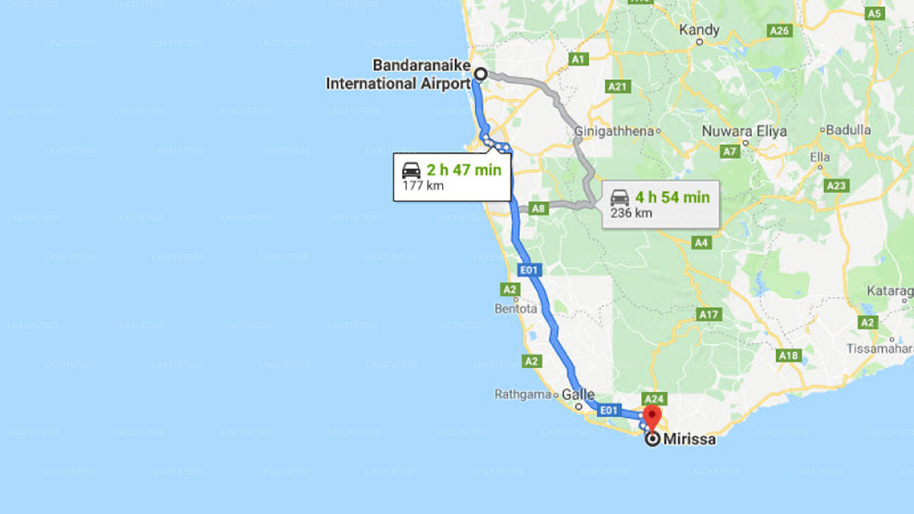 Transfer between Colombo Airport (CMB) and Colonial Villa, Mirissa