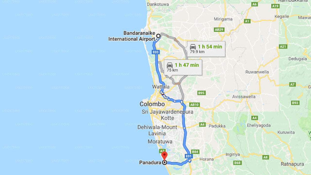Transfer between Colombo Airport (CMB) and Villa 14 Bolgoda, Panadura