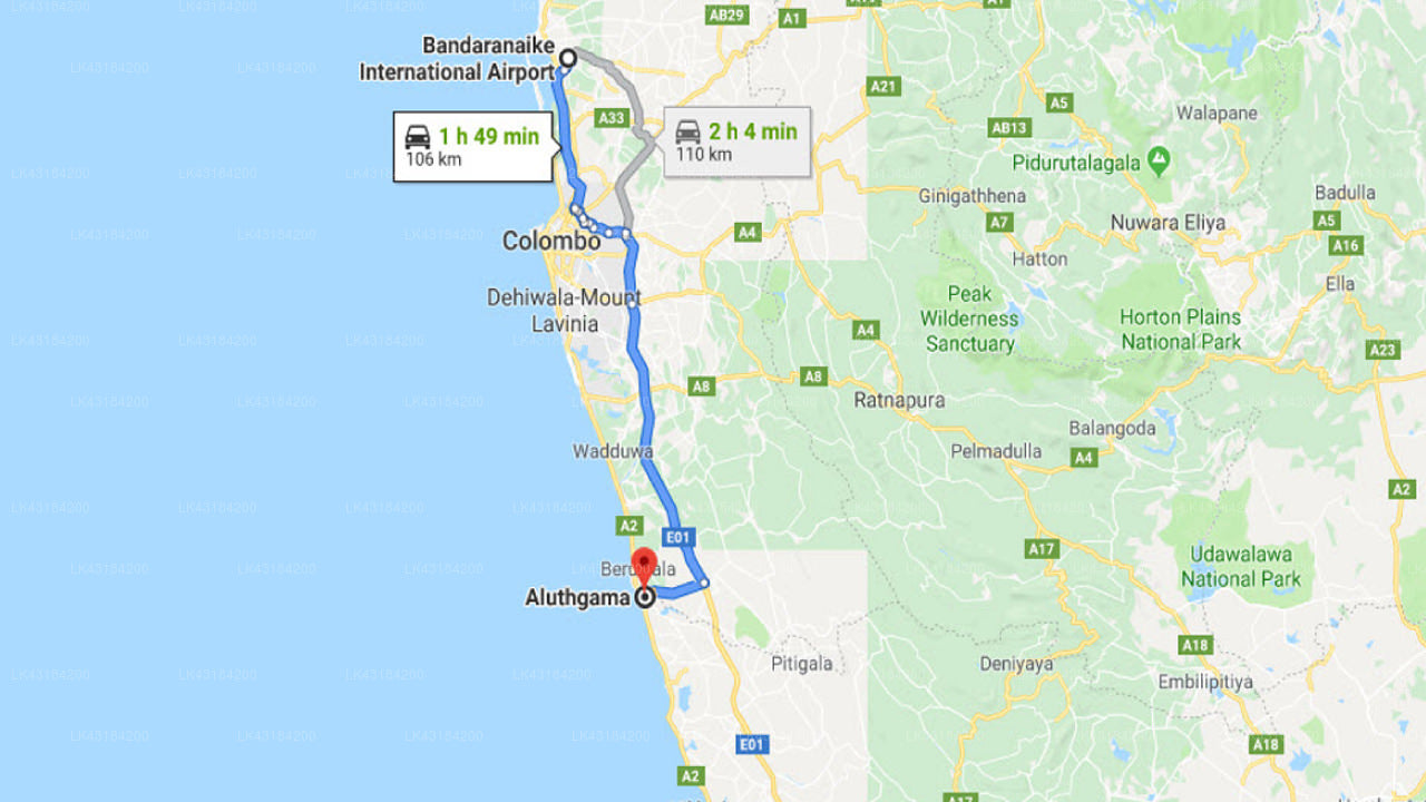 Transfer between Colombo (CMB) Airport and Riverside, Aluthgama