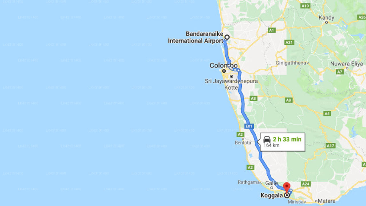 Transfer between Colombo Airport (CMB) and Kimbulagala Watte Villa, Koggala