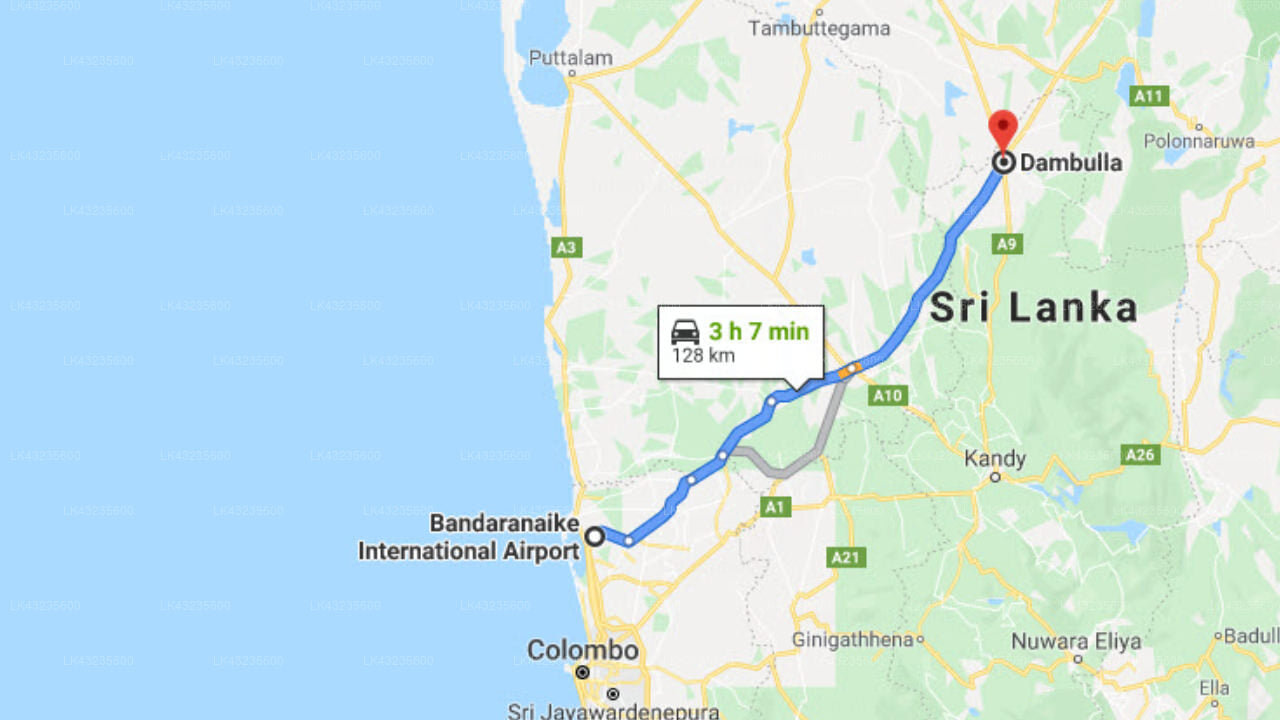 Transfer between Colombo Airport (CMB) and Diyabubula, the Barberyn Art and Jungle Hideaway, Dambulla