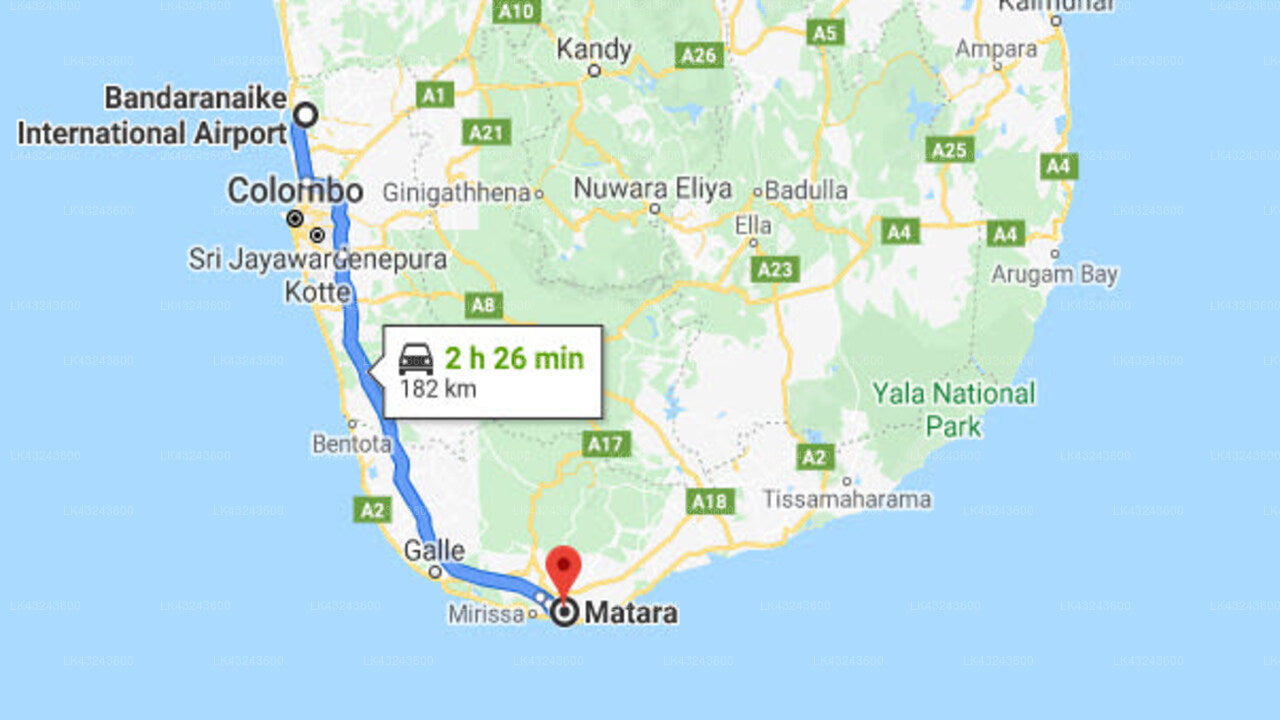 Transfer between Colombo Airport (CMB) and Beach Inns Holiday Resort, Matara