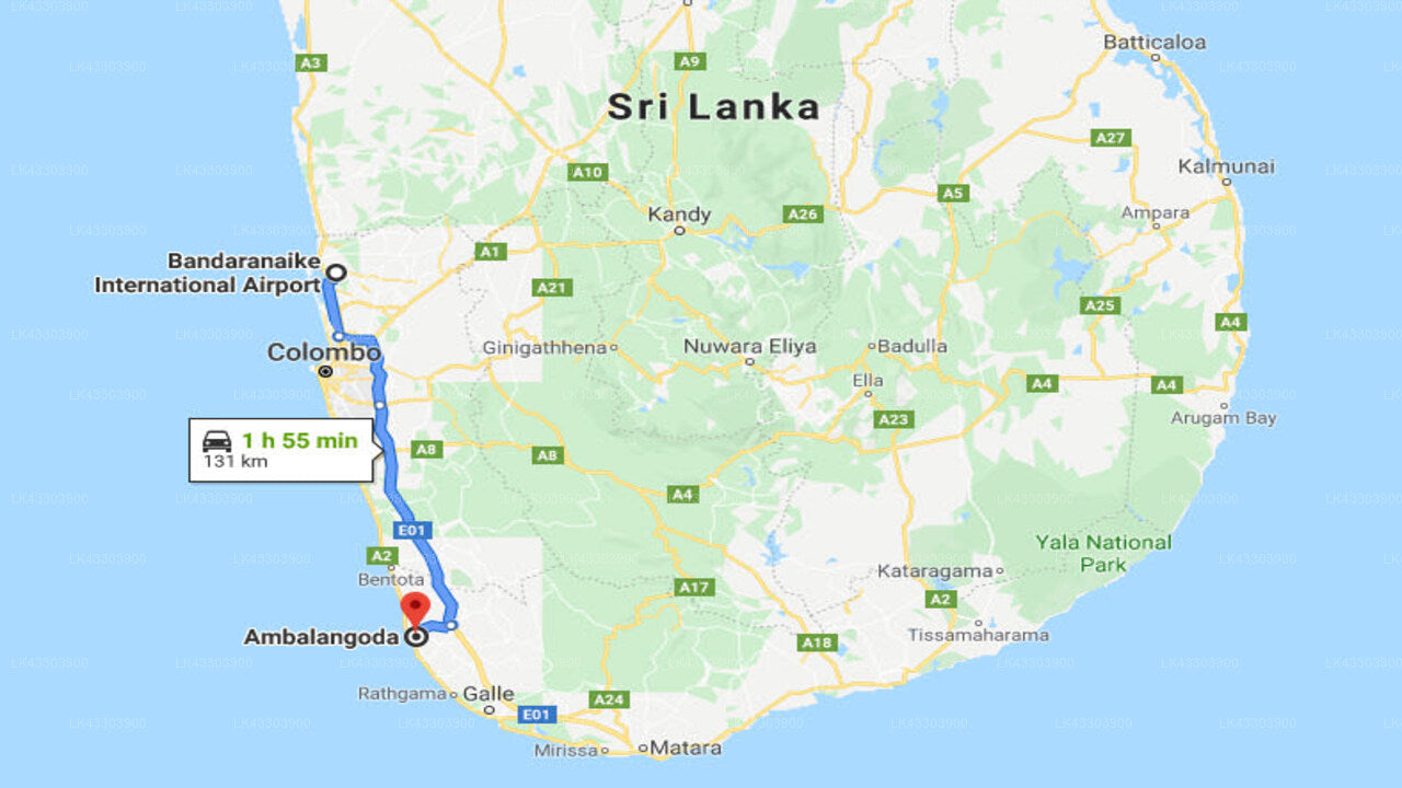 Transfer between Colombo Airport (CMB) and Hotel J, Ambalangoda